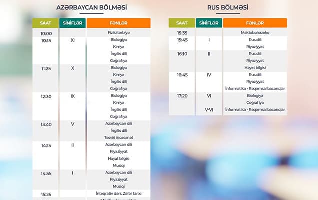Teledərslərin sabaha olan cədvəli açıqlandı