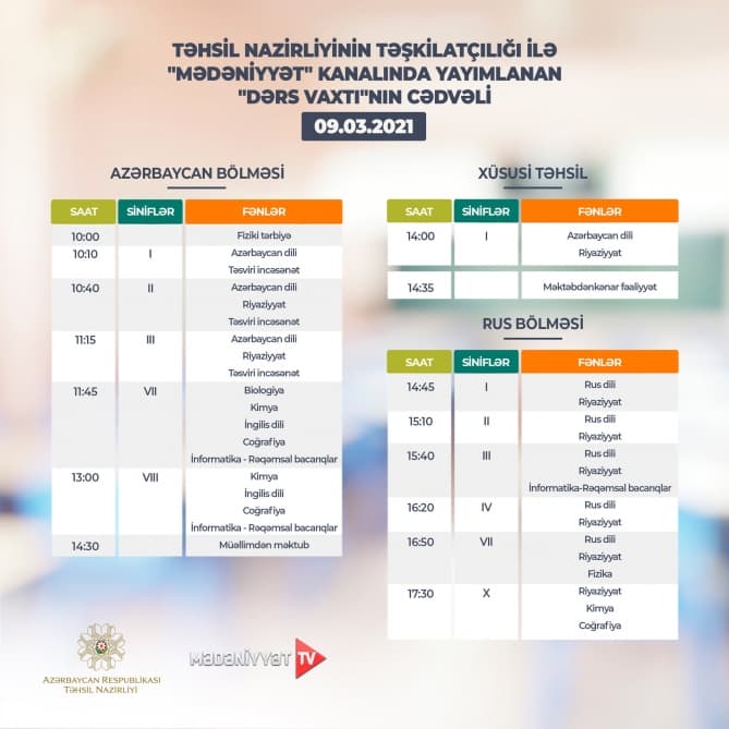 Teledərslərin martın 9-na olan cədvəli