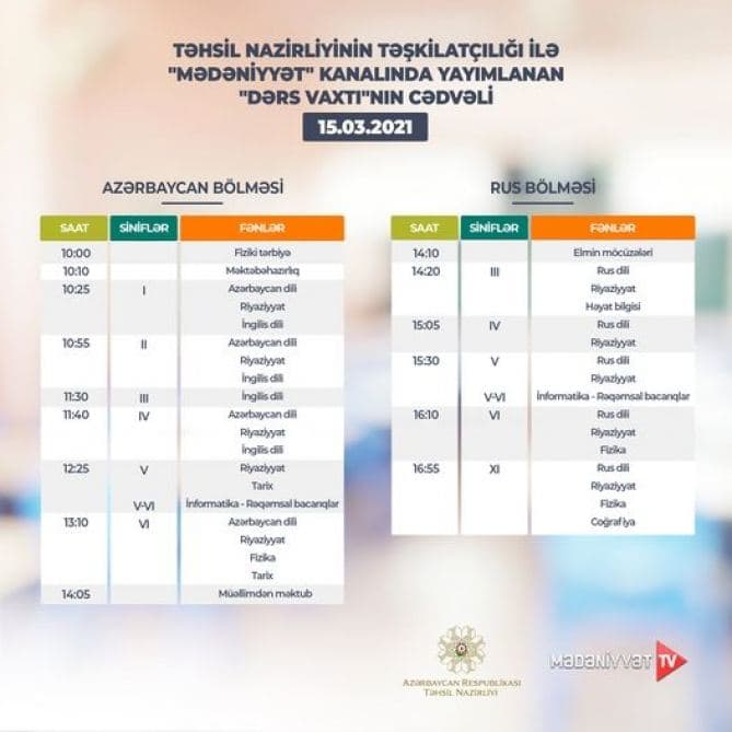 Teledərslərin bu günə olan cədvəli açıqlandı