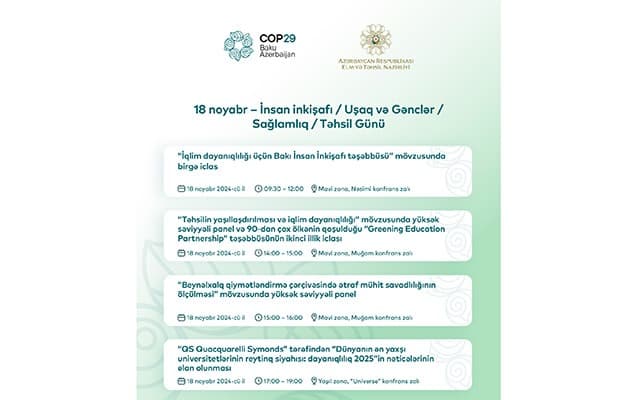 Elm və Təhsil Nazirliyinin COP29-da 18 noyabr<span style="color:#ff0000"> <b>gündəliyi</b></span>