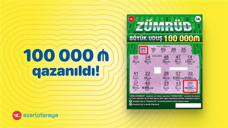 &ldquo;Zümrüd&rdquo; ani lotereyasında böyük uduş &ndash; <span style="color:#ff0000">100 000 qazanıldı!</span>