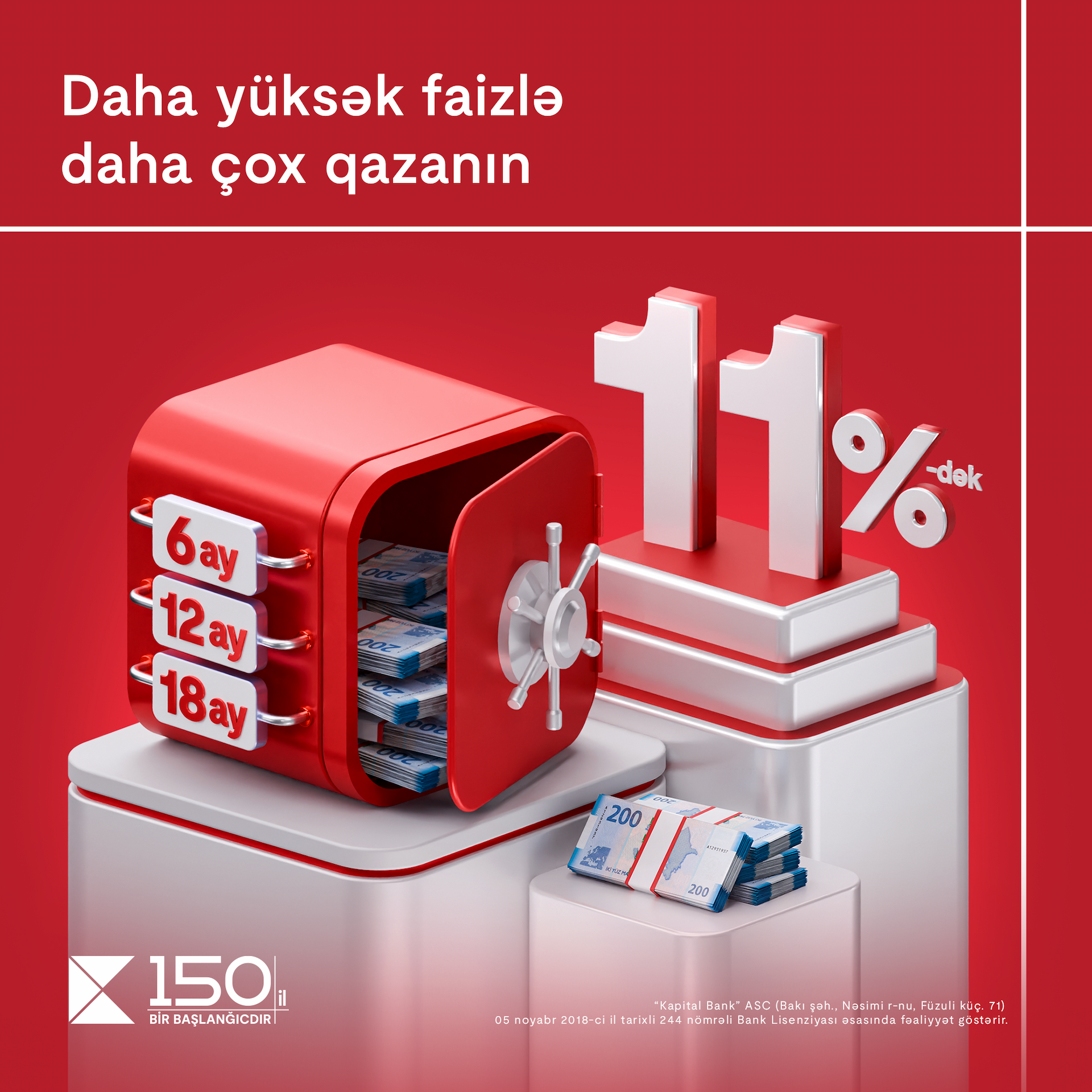 <span style="color:#ff0000"><b>Yeni ilə yüksək gəlirlə: </b></span>Kapital Bank depozit faizlərini 11%-ə qaldırdı