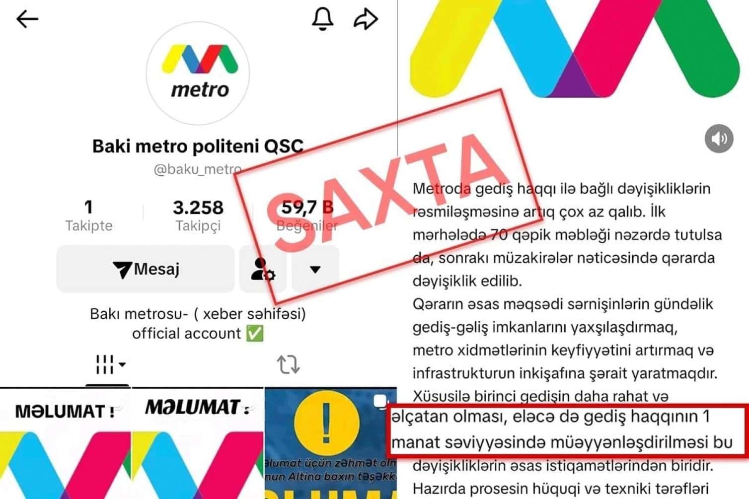 &ldquo;Bakı Metropoliteni&rdquo; adından <span style="color:#ff0000">saxta səhifə yaradıldı</span>