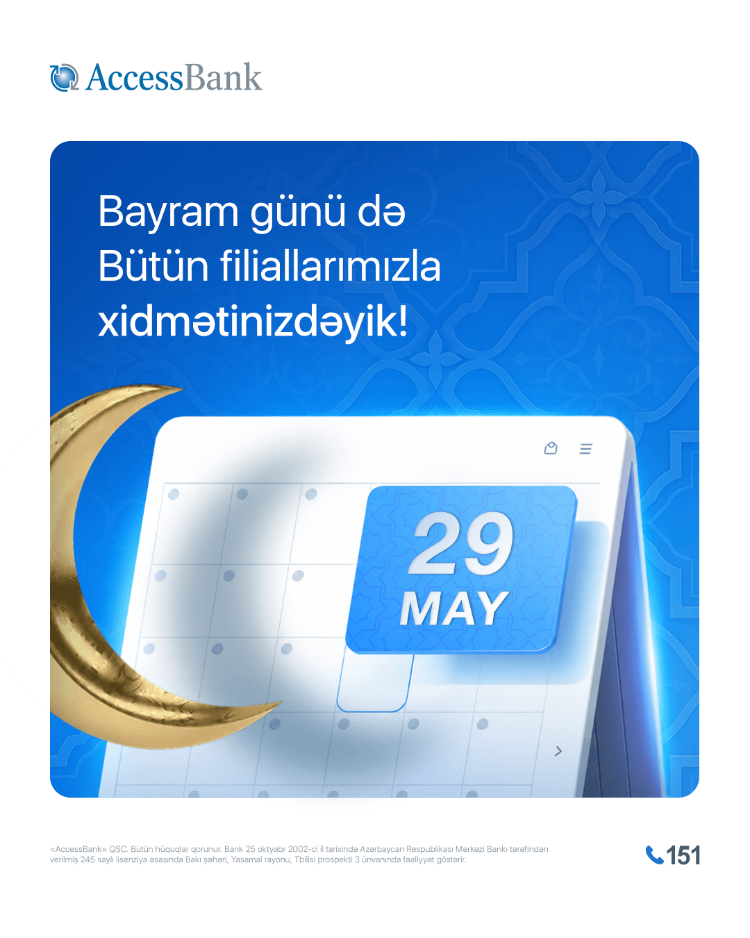 AccessBank qeyri-iş günündə müştərilərinə xidmət göstərəcək
