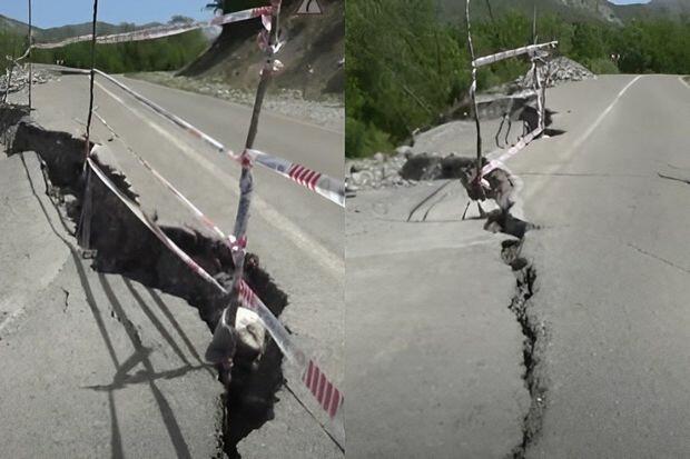İsmayıllıda yol çökdü, təhlükəli vəziyyət yarandı - VİDEO
