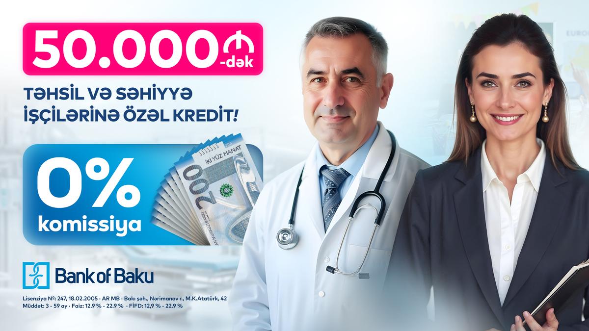 Təhsil və səhiyyə işçilərinə özəl 50.000 AZN-dək komissiyasız kredit Təhsil və səhiyyə işçilərinə özəl 50.000 AZN-dək komissiyasız kredit