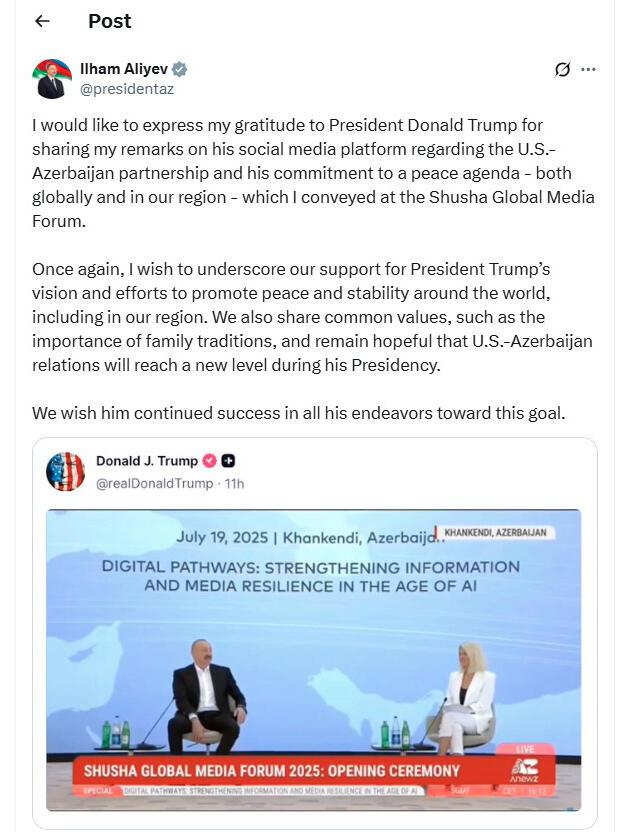 Prezident Şuşa Forumundakı çıxışını paylaşdığına görə Donald Trampa təşəkkür edib