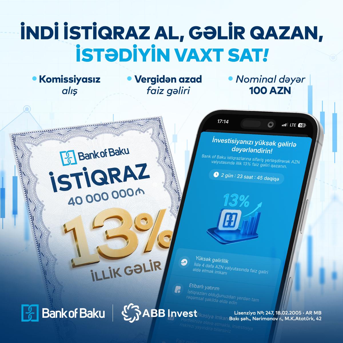 Bank of Baku istiqrazlarını ALIN, illik 13% GƏLİR QAZANIN