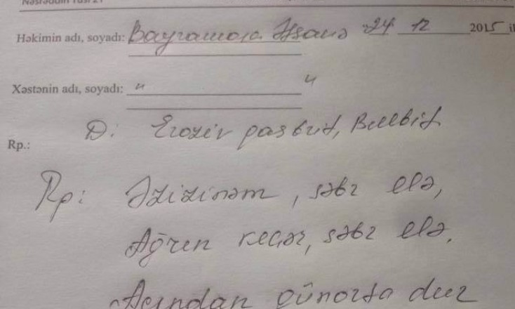 Bakıda qadın həkim xəstəyə görün nə yazdı... -