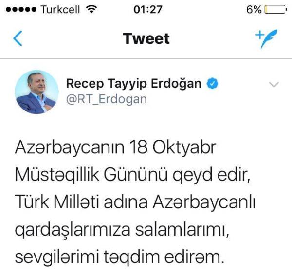 Ərdoğandan Azərbaycan dilində təbrik (FOTO)
