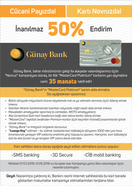 Günay Bank “MasterCard Platinium” kartlarını cəmi 35 manata təklif edir!
