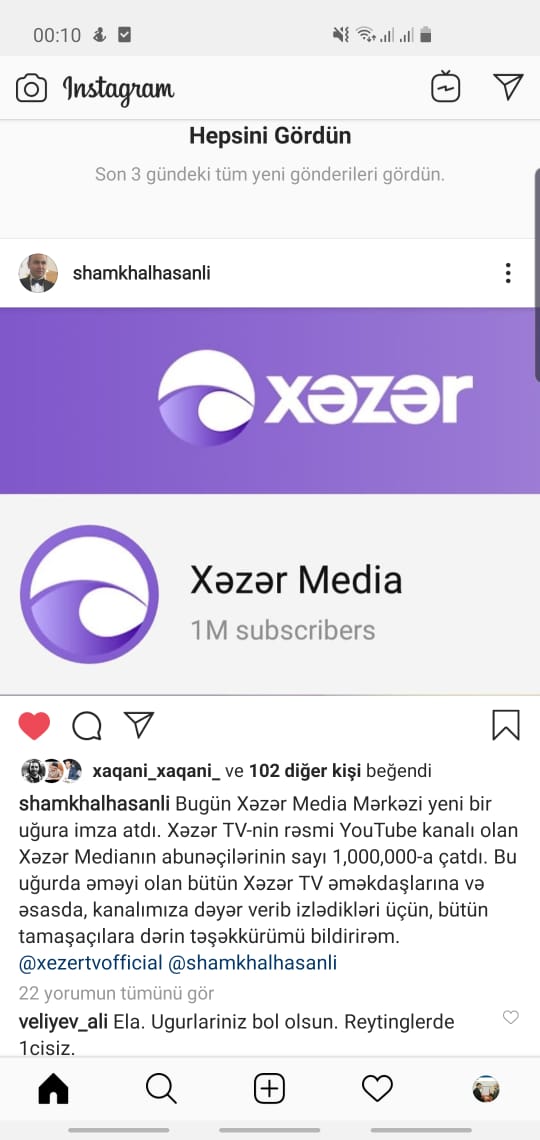 Şamxal Həsənlidən Xəzər TV açıqlaması: “Kanalımızın abunəçi sayı 1 milyonu keçdi”