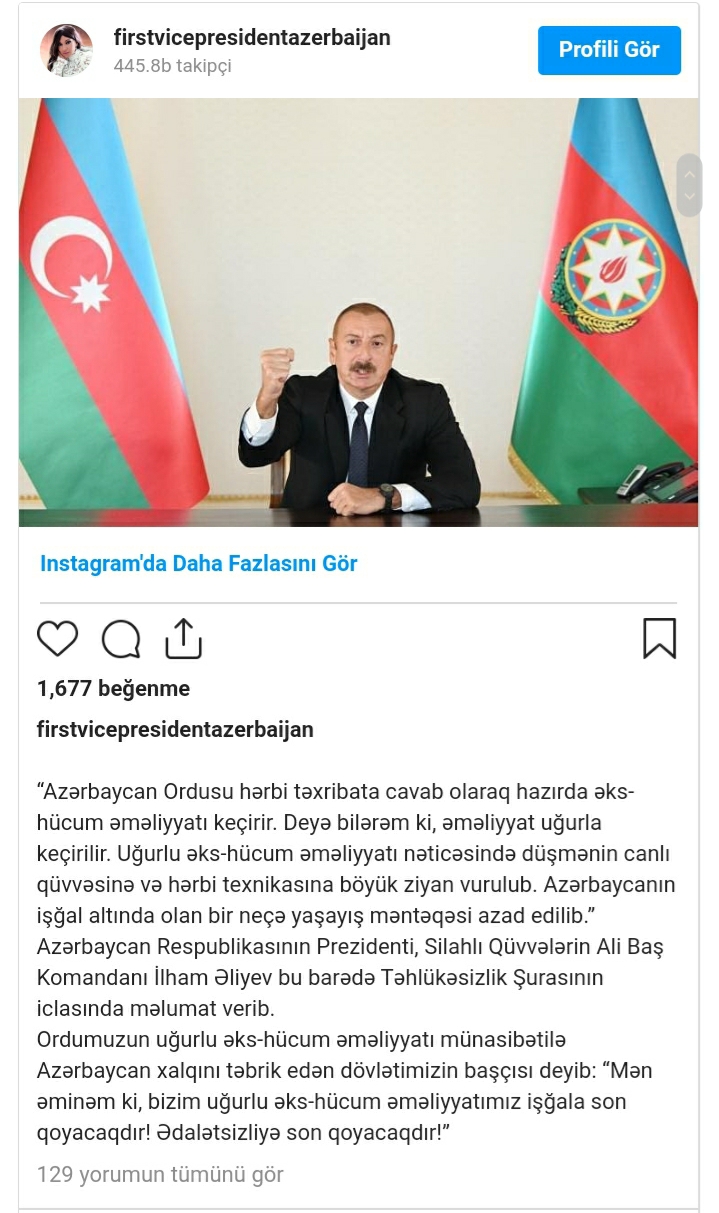 “Azərbaycan Ordusu hazırda əks-hücum əməliyyatı keçirir” – Mehriban Əliyeva