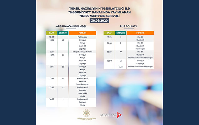 “Dərs vaxtı”nın 30 sentyabr cədvəli açıqlandı