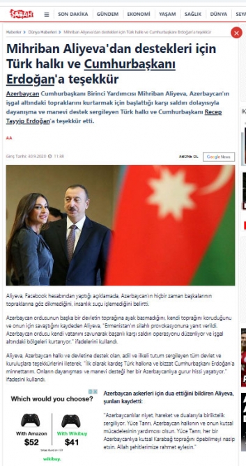 Mehriban Əliyevanın Qarabağla bağlı arzuları Türkiyə mediasında - FOTOLAR