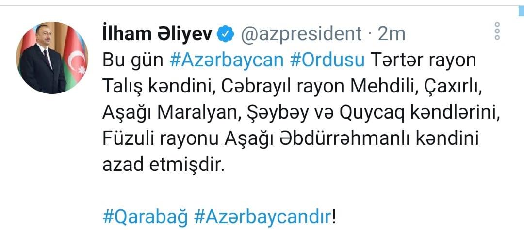 Daha yeddi kənd işğaldan azad edildi - İlham Əliyevdən müjdə