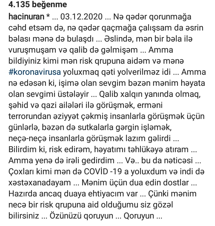 Xəstəxanaya yerləşdirilən Hacı Nurandan ilk AÇIQLAMA: “Əsrin bəlası mənə də bulaşdı”