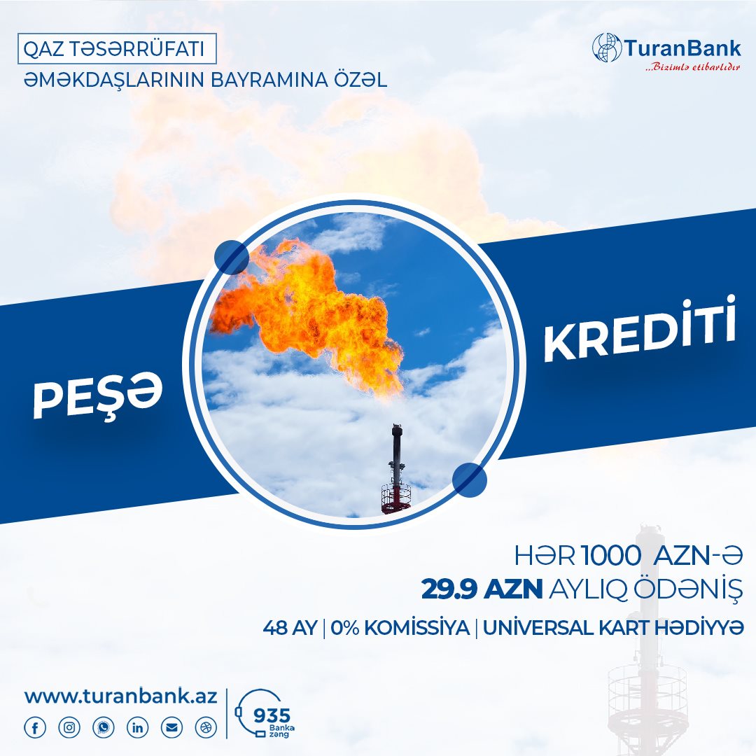 TuranBankdan aylıq 29.9 AZN ödənişlə nağd pul krediti!