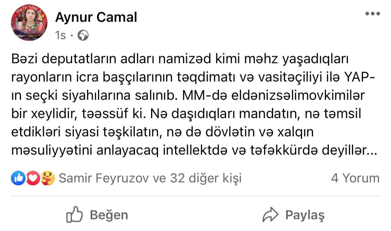 “Bəzi deputatlar siyahıya icra başçılarının təqdimatı ilə salınıb” – Aynur Camalqızı