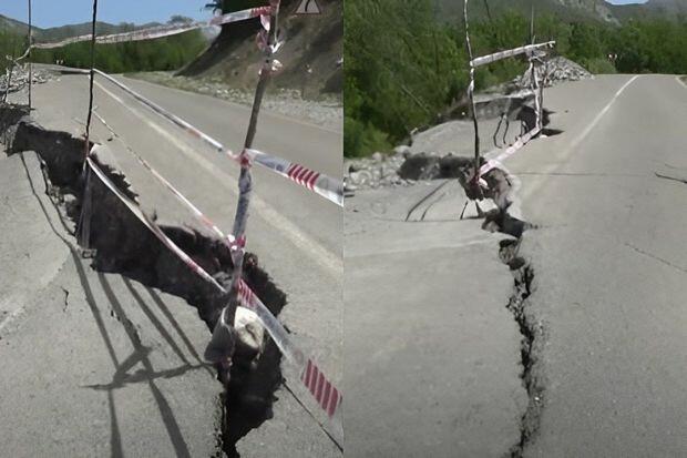 İsmayıllıda yol çökdü, təhlükəli vəziyyət yarandı - VİDEO