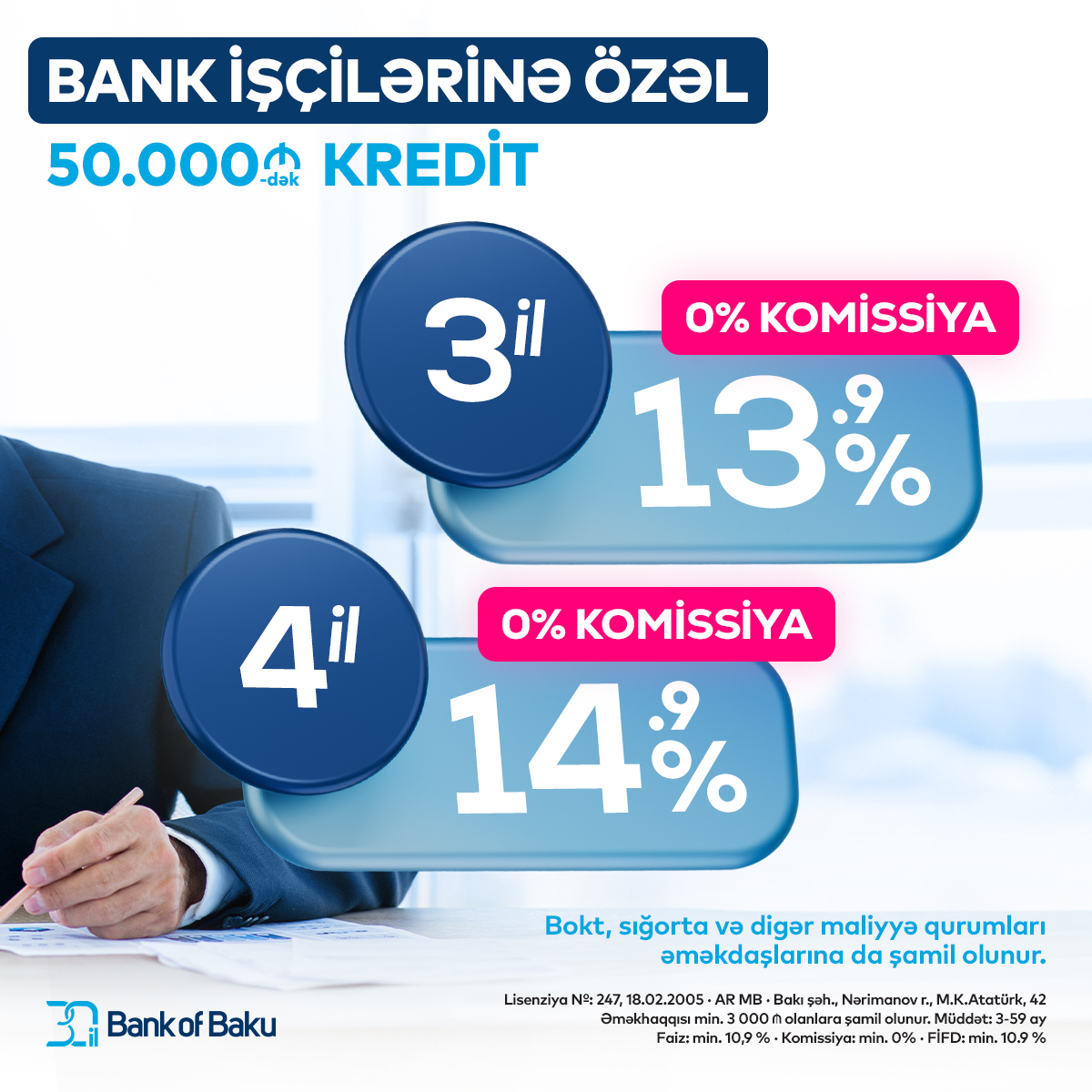 Bank of Baku-dan bank və maliyyə qurumlarında çalışanlara özəl KOMİSSİYASIZ və DƏQİQ FAİZLƏ KREDİT