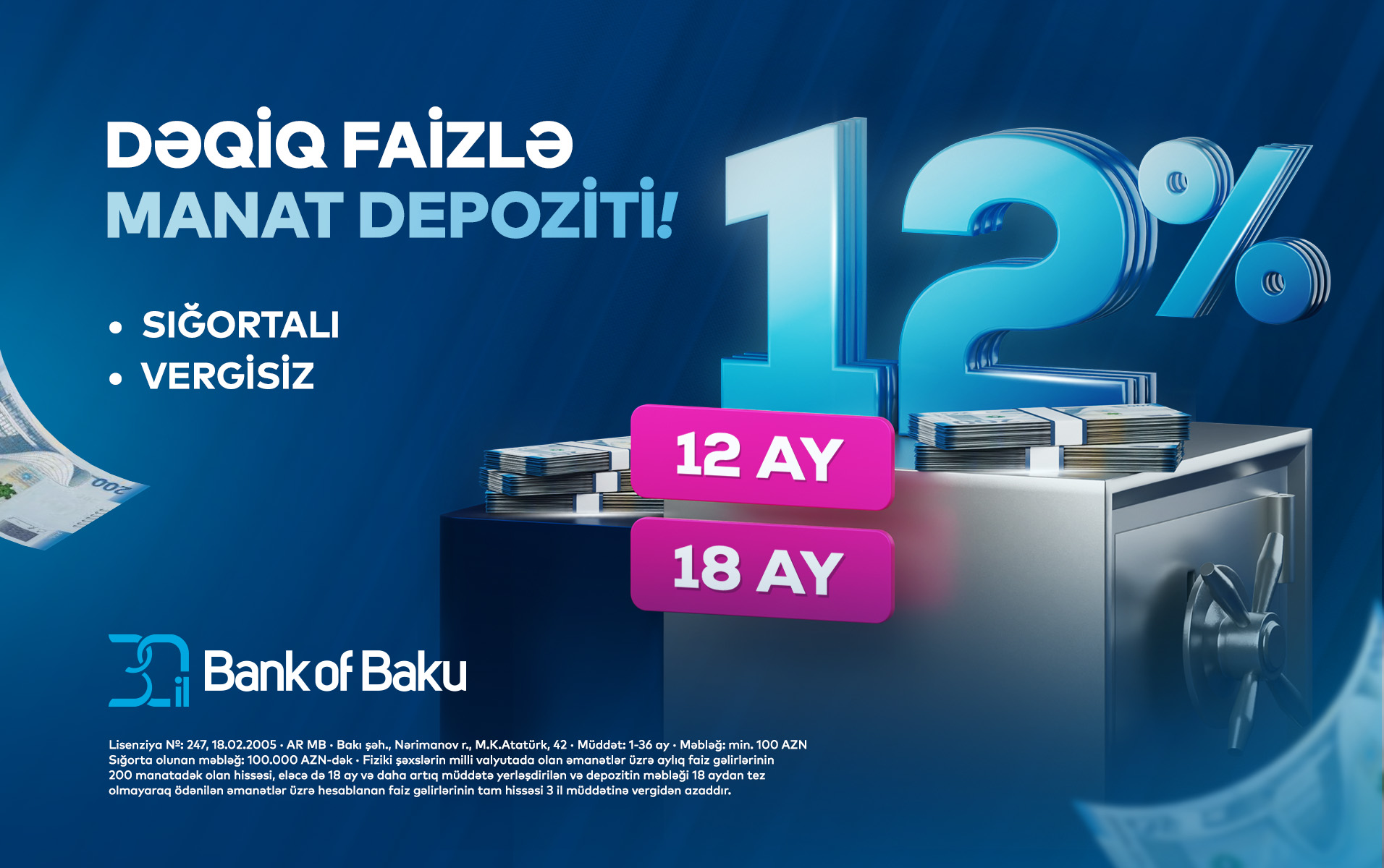 Bank of Baku-da depozit faizləri dəqiq oldu: 12 və 18 ay üzrə illik 12%