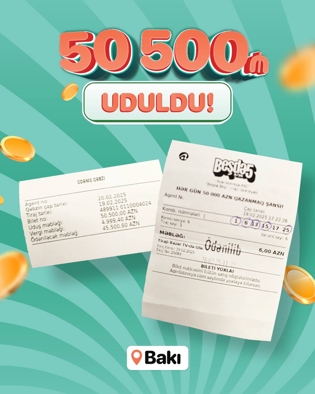 
Bakı sakini Beşdə 5 lotereyasından 50 500 manat qazandı - FOTO