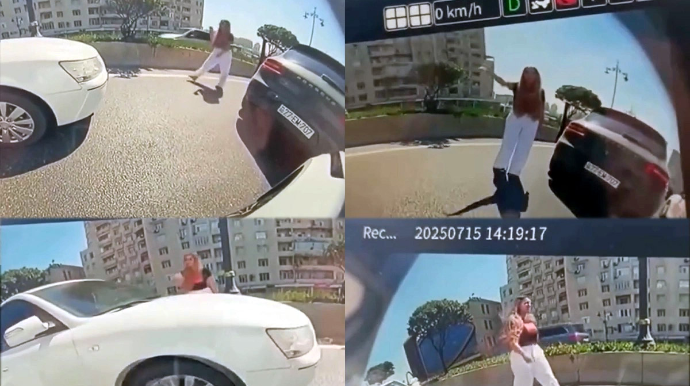 Bakıda "Porsche"nin xanım sürücüsü maşını yolun ortasında saxlayıb mübahisə etdi, tıxac yarandı - VİDEO