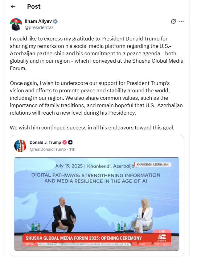 Prezident Şuşa Forumundakı çıxışını paylaşdığına görə Donald Trampa təşəkkür edib